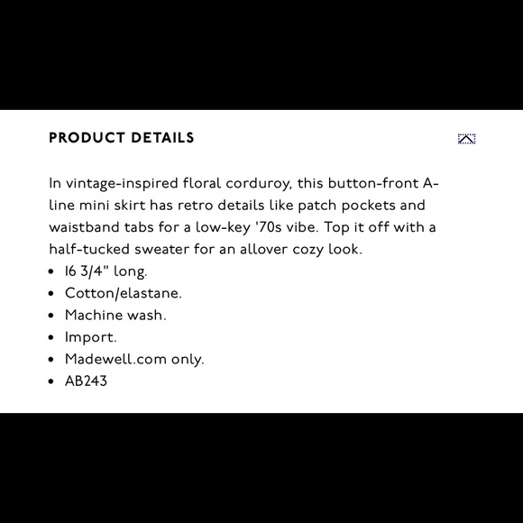 Madewell Corduroy A-Line Mini Skirt in Forest Floral Patch Pocket size 16 - Picture 8 of 8